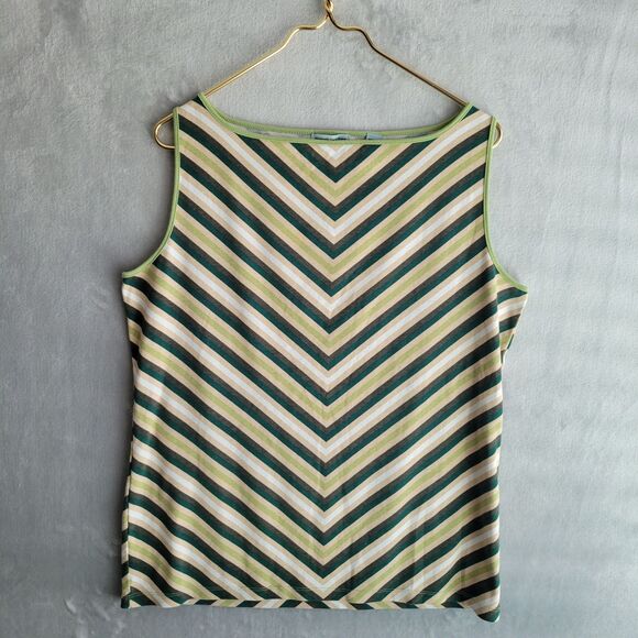 MARSH LANDING Green & White Chevron Stripe Tank Top Size XL Cotton High Neckline - Picture 1 of 5